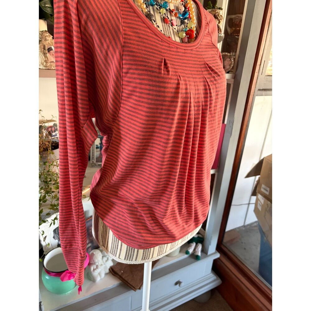 REI Co-Op XXS Rust and Gray Striped Top Pleated Long Sleeve Scoop Neck Outdoors